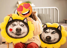 Load image into Gallery viewer, A girl with two Husky stuffed pillows in different designs sitting on the sofa