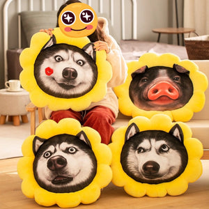A girl with four Husky stuffed pillows in different designs