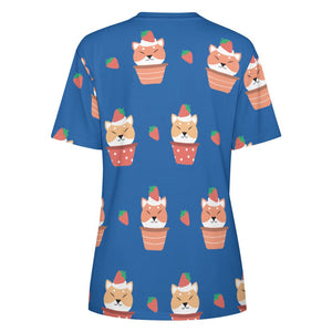 Sweet Strawberry Tart Shiba All Over Print Women's Cotton T-Shirt - 4 Colors-Apparel-Apparel, Shiba Inu, Shirt, T Shirt-11