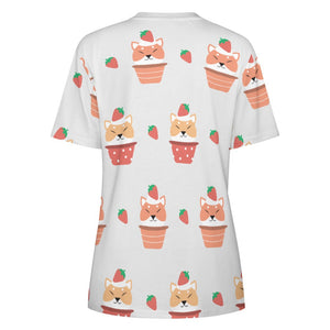 Sweet Strawberry Tart Shiba All Over Print Women's Cotton T-Shirt - 4 Colors-Apparel-Apparel, Shiba Inu, Shirt, T Shirt-2