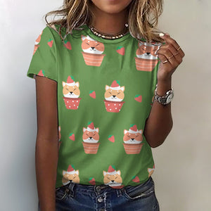 Sweet Strawberry Tart Shiba All Over Print Women's Cotton T-Shirt - 4 Colors-Apparel-Apparel, Shiba Inu, Shirt, T Shirt-2XS-OliveDrab-4