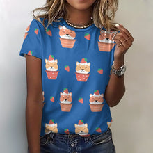 Load image into Gallery viewer, Sweet Strawberry Tart Shiba All Over Print Women&#39;s Cotton T-Shirt - 4 Colors-Apparel-Apparel, Shiba Inu, Shirt, T Shirt-2XS-RoyalBlue-12