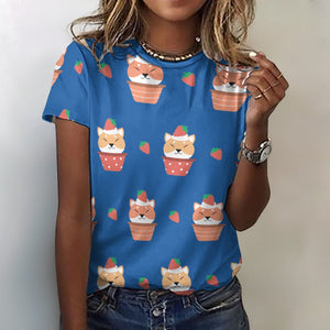 Sweet Strawberry Tart Shiba All Over Print Women's Cotton T-Shirt - 4 Colors-Apparel-Apparel, Shiba Inu, Shirt, T Shirt-2XS-RoyalBlue-12