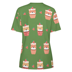 Sweet Strawberry Tart Shiba All Over Print Women's Cotton T-Shirt - 4 Colors-Apparel-Apparel, Shiba Inu, Shirt, T Shirt-3