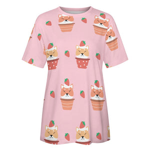Sweet Strawberry Tart Shiba All Over Print Women's Cotton T-Shirt - 4 Colors-Apparel-Apparel, Shiba Inu, Shirt, T Shirt-8