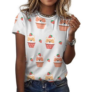 Sweet Strawberry Tart Shiba All Over Print Women's Cotton T-Shirt - 4 Colors-Apparel-Apparel, Shiba Inu, Shirt, T Shirt-1