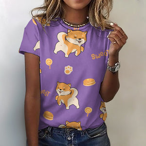 Sweet Sweet Shiba Love All Over Print Women's Cotton T-Shirt - 4 Colors-Apparel-Apparel, Shiba Inu, Shirt, T Shirt-2XS-MediumPurple-13