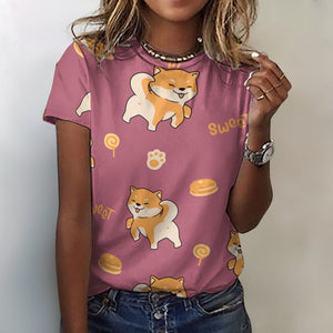 Sweet Sweet Shiba Love All Over Print Women's Cotton T-Shirt - 4 Colors-Apparel-Apparel, Shiba Inu, Shirt, T Shirt-2XS-PaleVioletRed-3