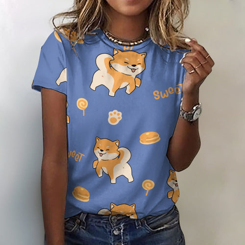 Sweet Sweet Shiba Love All Over Print Women's Cotton T-Shirt - 4 Colors-Apparel-Apparel, Shiba Inu, Shirt, T Shirt-2XS-SteelBlue-10