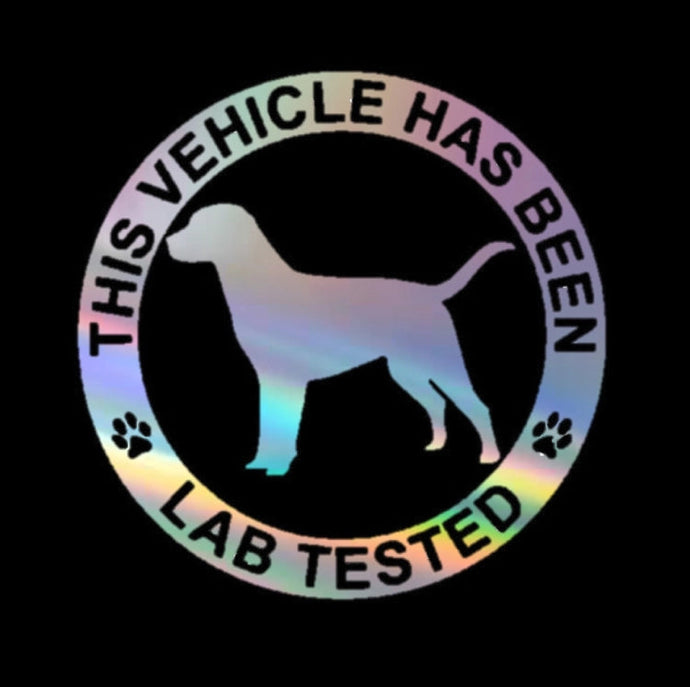 This Vehicle Has Been Lab Tested Car Stickers-Car Accessories-Black Labrador, Car Accessories, Car Sticker, Chocolate Labrador, Dogs, Labrador-Reflective Rainbow-1