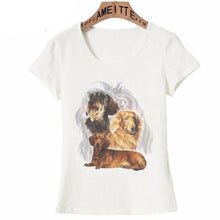 Load image into Gallery viewer, Image of a Dachshund t-shirt ladies with three Dachshunds