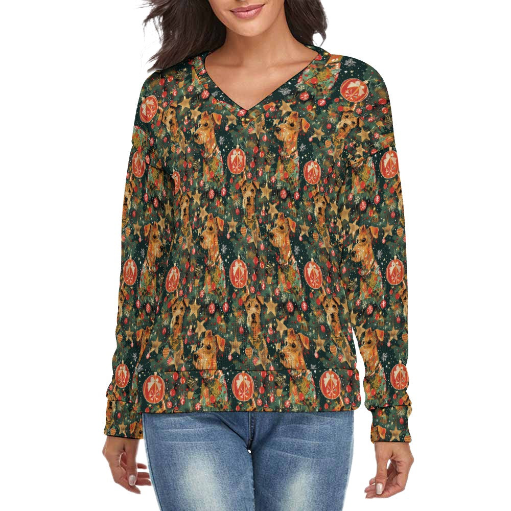 Tinsel and Airedale Terriers Women's V-Neck Christmas Sweater-Apparel-Airedale Terrier,Apparel,Christmas,Dog Mom Gifts,Sweater,Sweatshirt-S-White11-1