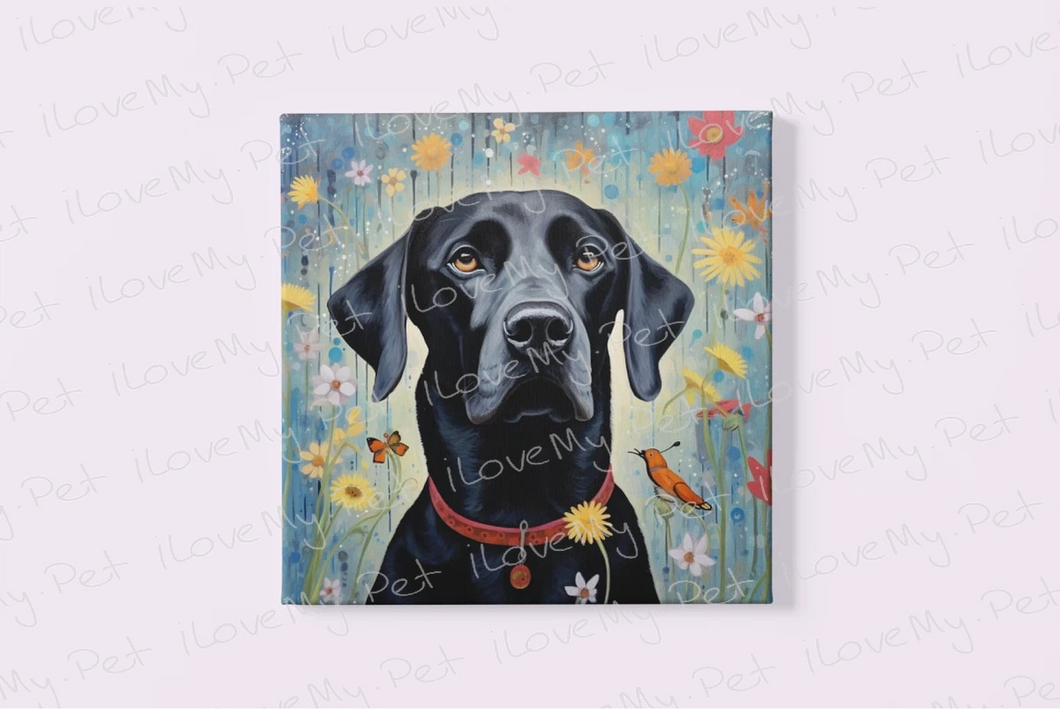 Floral Embrace Black Labrador Wall Art Poster-Art-Black Labrador, Dog Art, Home Decor, Labrador, Poster-Framed Light Canvas-Small - 8x8