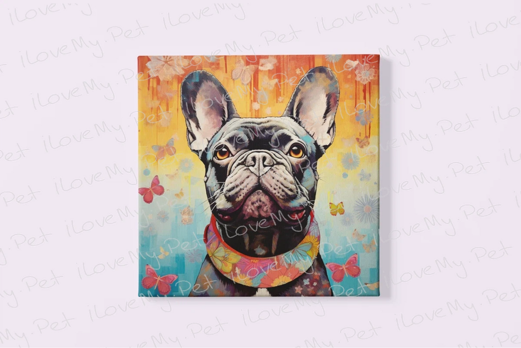 Butterfly Whimsy French Bulldog Wall Art Poster-Art-Dog Art, French Bulldog, Home Decor, Poster-Framed Light Canvas-Small - 8x8