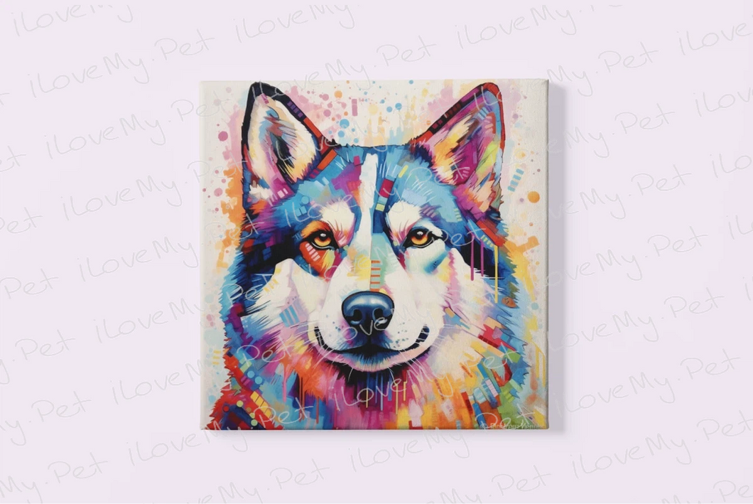 Whimsical Husky Portrait Wall Art Poster-Art-Dog Art, Home Decor, Poster, Siberian Husky-Framed Light Canvas-Small - 8x8