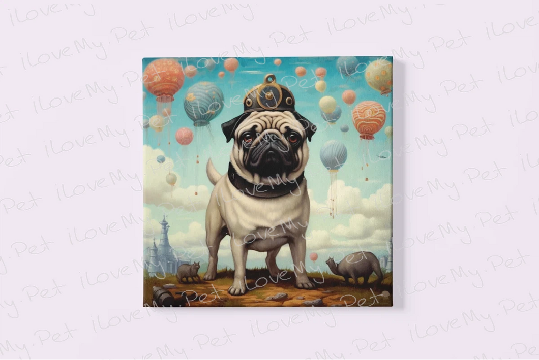 Whimsical Balloon King Pug Wall Art Poster-Art-Dog Art, Home Decor, Poster, Pug-Framed Light Canvas-Small - 8x8