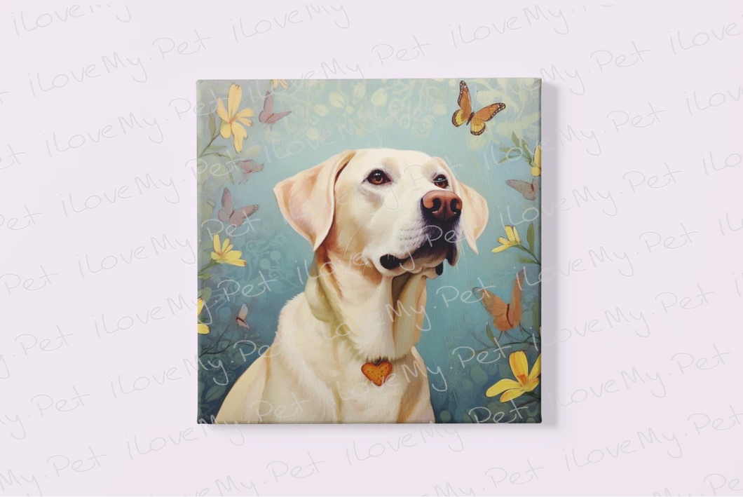 Butterfly Companions Yellow Labrador Wall Art Poster-Art-Dog Art, Home Decor, Labrador, Poster-Framed Light Canvas-Small - 8x8