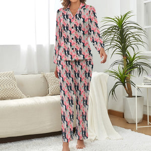 Vibrant Boston Terriers & Pink Roses Pajamas Set for Women-Pajamas-Apparel, Boston Terrier, Pajamas-2