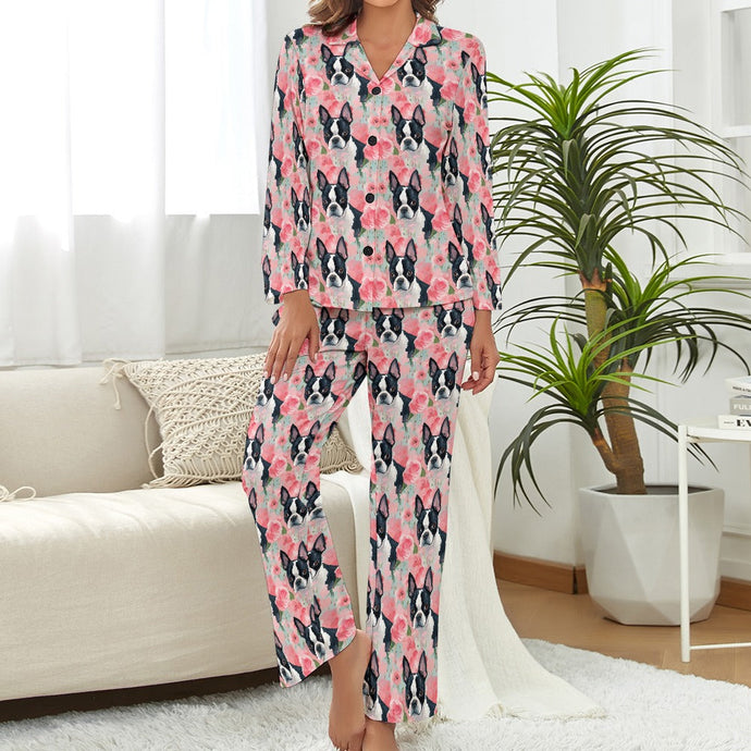Vibrant Boston Terriers & Pink Roses Pajamas Set for Women-Pajamas-Apparel, Boston Terrier, Pajamas-S-1