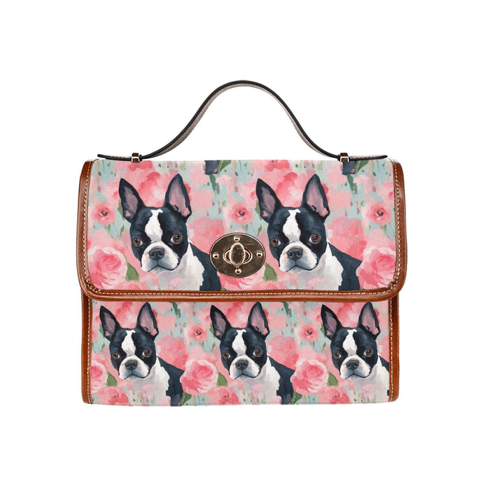 Vibrant Boston Terriers & Pink Roses Shoulder Bag Purse-Accessories-Bags, Boston Terrier, Purse-Black-ONE SIZE-1