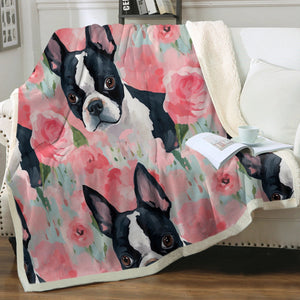 VIbrant Boston Terriers & Pink Roses Soft Warm Fleece Blanket-Blanket-Blankets, Boston Terrier, Home Decor-12