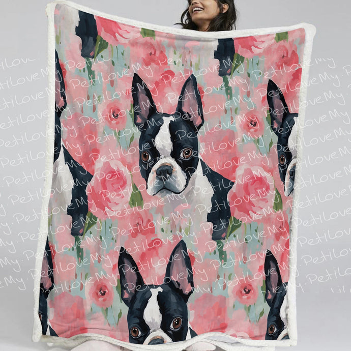 VIbrant Boston Terriers & Pink Roses Soft Warm Fleece Blanket-Blanket-Blankets, Boston Terrier, Home Decor-Small-1