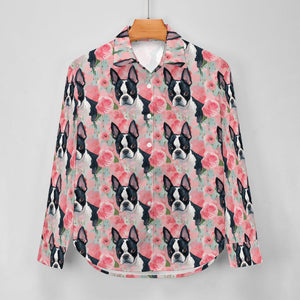 Vibrant Boston Terriers & Pink Roses Women's Shirt-4