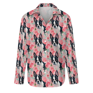 Vibrant Boston Terriers & Pink Roses Women's Shirt-S-White-1