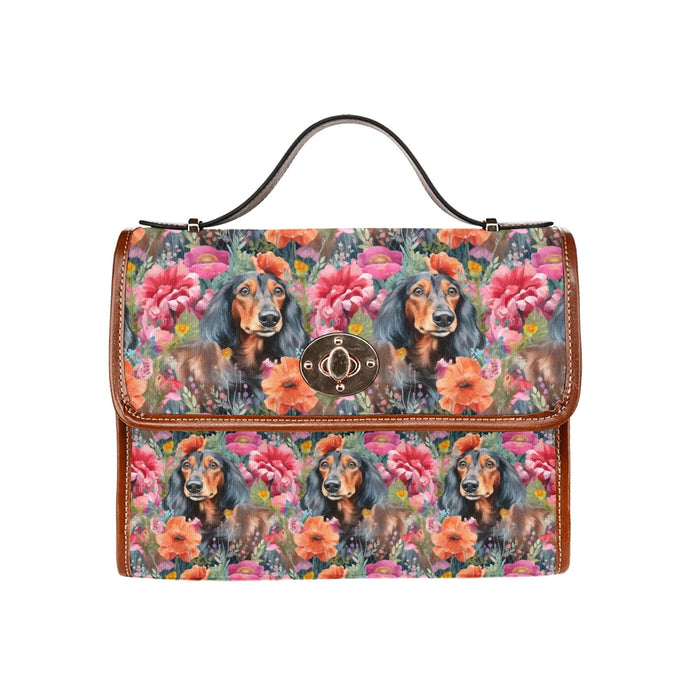 Vibrant Flowers and Black-Tan Dachshunds Shoulder Bag Purse-Accessories, Bags, Purse-Black1-ONE SIZE-1