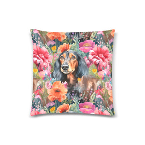 Vibrant Flowers and Chocolate Tan Dachshunds Throw Pillow Cover-White1-ONESIZE-1