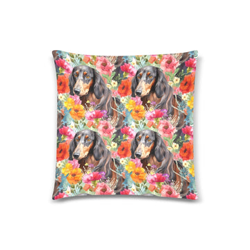 Vibrant Flowers and Chocolate Tan Dachshunds Throw Pillow Cover-Cushion Cover-Dachshund, Home Decor, Pillows-One Size-1