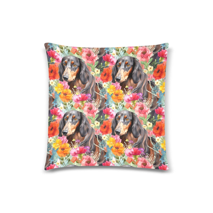 Vibrant Flowers and Chocolate Tan Dachshunds Throw Pillow Cover-Cushion Cover-Dachshund, Home Decor, Pillows-One Size-1