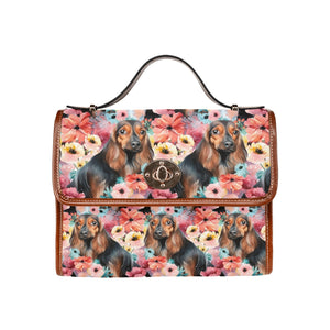 Vivid Floral Black and Tan Dachshunds Shoulder Bag Purse-Accessories, Bags, Purse-Black1-ONE SIZE-1