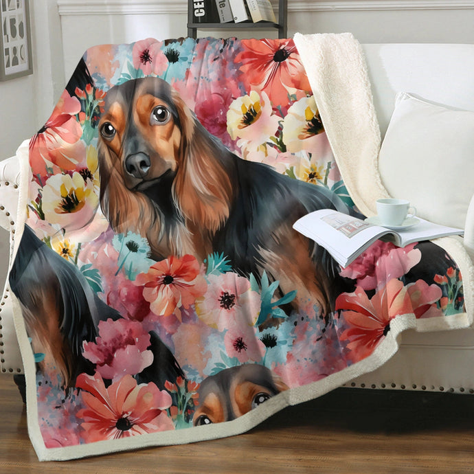 Vivid Floral Black and Tan Dachshunds Soft Warm Fleece Blanket-Blanket-Blankets, Dachshund, Home Decor-Small-1