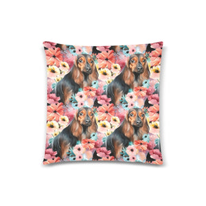 Vivid Floral Black and Tan Dachshunds Throw Pillow Cover-Cushion Cover-Dachshund, Home Decor, Pillows-One Size-2