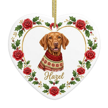 Load image into Gallery viewer, Vizsla Ornament - Personalized Heart Shaped Christmas Rose Border - with Name-Christmas Ornament-Christmas,Christmas Ornament,Personalize Artwork,Vizsla-4