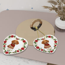 Load image into Gallery viewer, Vizsla Ornament - Personalized Heart Shaped Christmas Rose Border - with Name-Christmas Ornament-Christmas,Christmas Ornament,Personalize Artwork,Vizsla-6