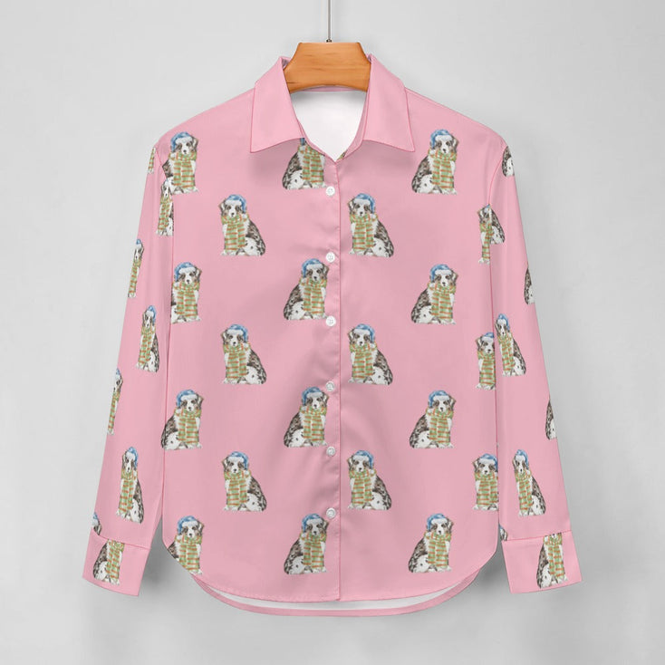Watercolor Australian Shepherd Puppies Christmas Christmas Women's Shirt-Apparel-Apparel, Australian Shepherd, Christmas, Dog Mom Gifts, Shirt-11
