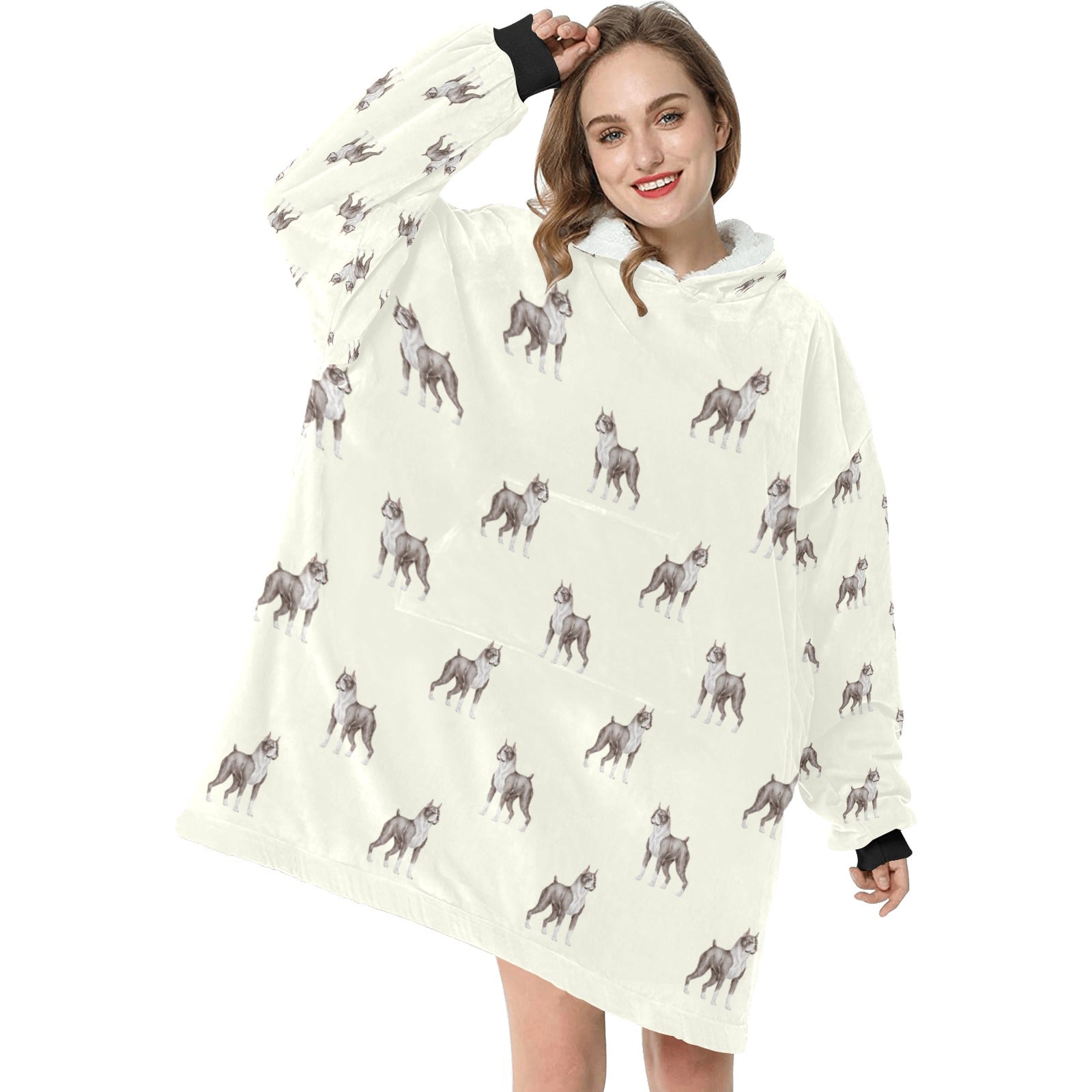 Watercolor Black And White Boxer Dogs Blanket Hoodie 3