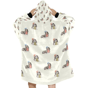 Watercolor Black Mask Basset Hounds Christmas Blanket Hoodie-Blanket-Apparel, Basset Hound, Blanket Hoodie, Blankets, Christmas, Dog Mom Gifts-2