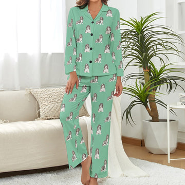 Watercolor Black Mask Basset Hounds Pajamas Set for Women-Pajamas-Apparel, Basset Hound, Dog Mom Gifts, Pajamas-S-Mint Green-6