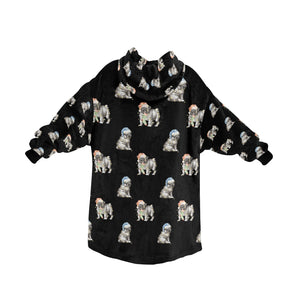 Watercolor Black Pug Puppies Christmas Blanket Hoodie-Blanket-Apparel, Blanket Hoodie, Blankets, Dog Mom Gifts, Pug-35