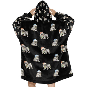 Watercolor Black Pug Puppies Christmas Blanket Hoodie-Blanket-Apparel, Blanket Hoodie, Blankets, Dog Mom Gifts, Pug-36