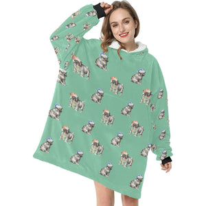 Watercolor Black Pug Puppies Christmas Blanket Hoodie-Blanket-Apparel, Blanket Hoodie, Blankets, Dog Mom Gifts, Pug-6