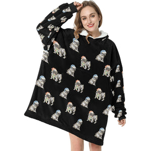 Watercolor Black Pug Puppies Christmas Blanket Hoodie-Blanket-Apparel, Blanket Hoodie, Blankets, Dog Mom Gifts, Pug-1