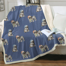 Load image into Gallery viewer, Watercolor Black Pug Puppies Christmas Fleece Blanket - 8 Colors-Blanket-Bedding, Blankets, Christmas, Home Decor, Pug, Pug - Black-Cornflower Blue-Single-21
