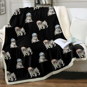 Watercolor Black Pug Puppies Christmas Fleece Blanket - 8 Colors-Blanket-Bedding, Blankets, Christmas, Home Decor, Pug, Pug - Black-Midnight Black-Single-15