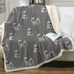 Watercolor Black Pug Puppies Christmas Fleece Blanket - 8 Colors-Blanket-Bedding, Blankets, Christmas, Home Decor, Pug, Pug - Black-Parisian Gray-Single-16