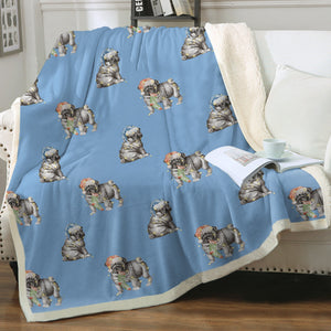 Watercolor Black Pug Puppies Christmas Fleece Blanket - 8 Colors-Blanket-Bedding, Blankets, Christmas, Home Decor, Pug, Pug - Black-Sky Blue-Single-20