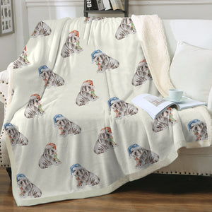 Watercolor Black Tan English Bulldogs Puppies Christmas Fleece Blankets-Blanket-Bedding, Blankets, Christmas, English Bulldog, Home Decor-3